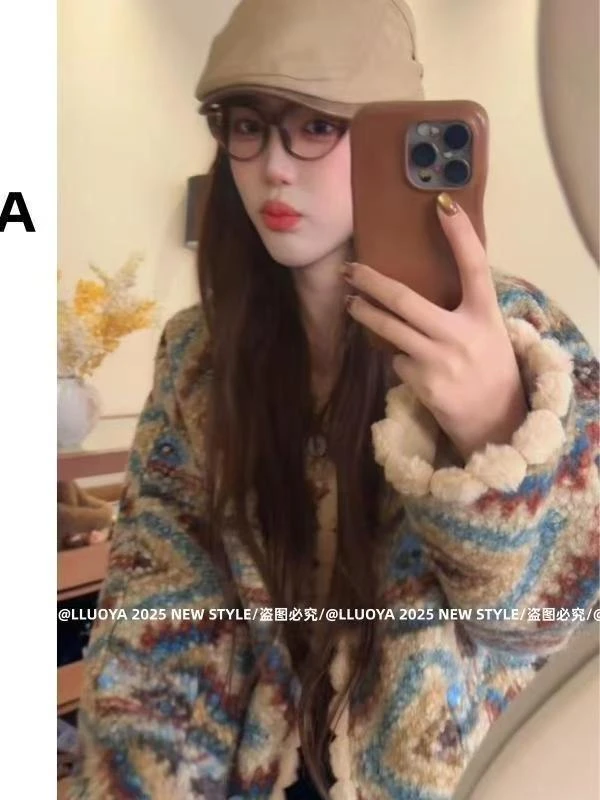 费尔岛复古圈圈毛慵懒风厚外套2025秋冬新款宽松韩版加绒保暖上衣