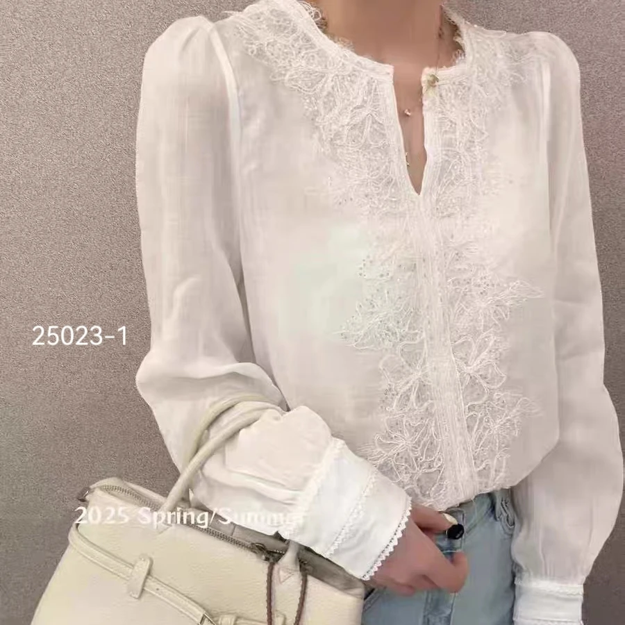 25023-1  SANFAN  新款剪刀领胸前蕾丝衬衣