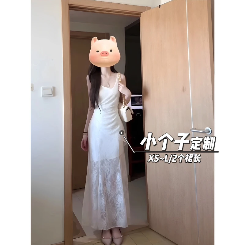 高级感吊带蕾丝连衣裙女夏季150小矮个子中长款收腰法式包臀长裙