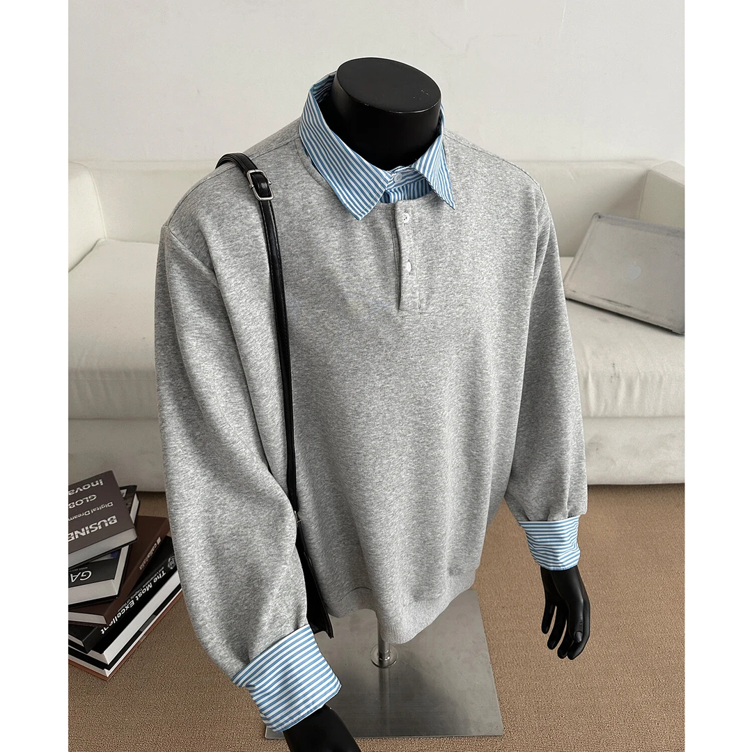 浅灰色假两件衬衫领卫衣男春季韩系氛围感重磅内搭套头衫潮牌外套
