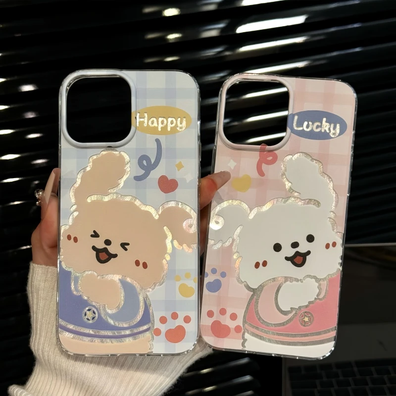 适用苹果16pro创意iPhone15pro手机壳imd羽纱华为p粉格纹线条小狗