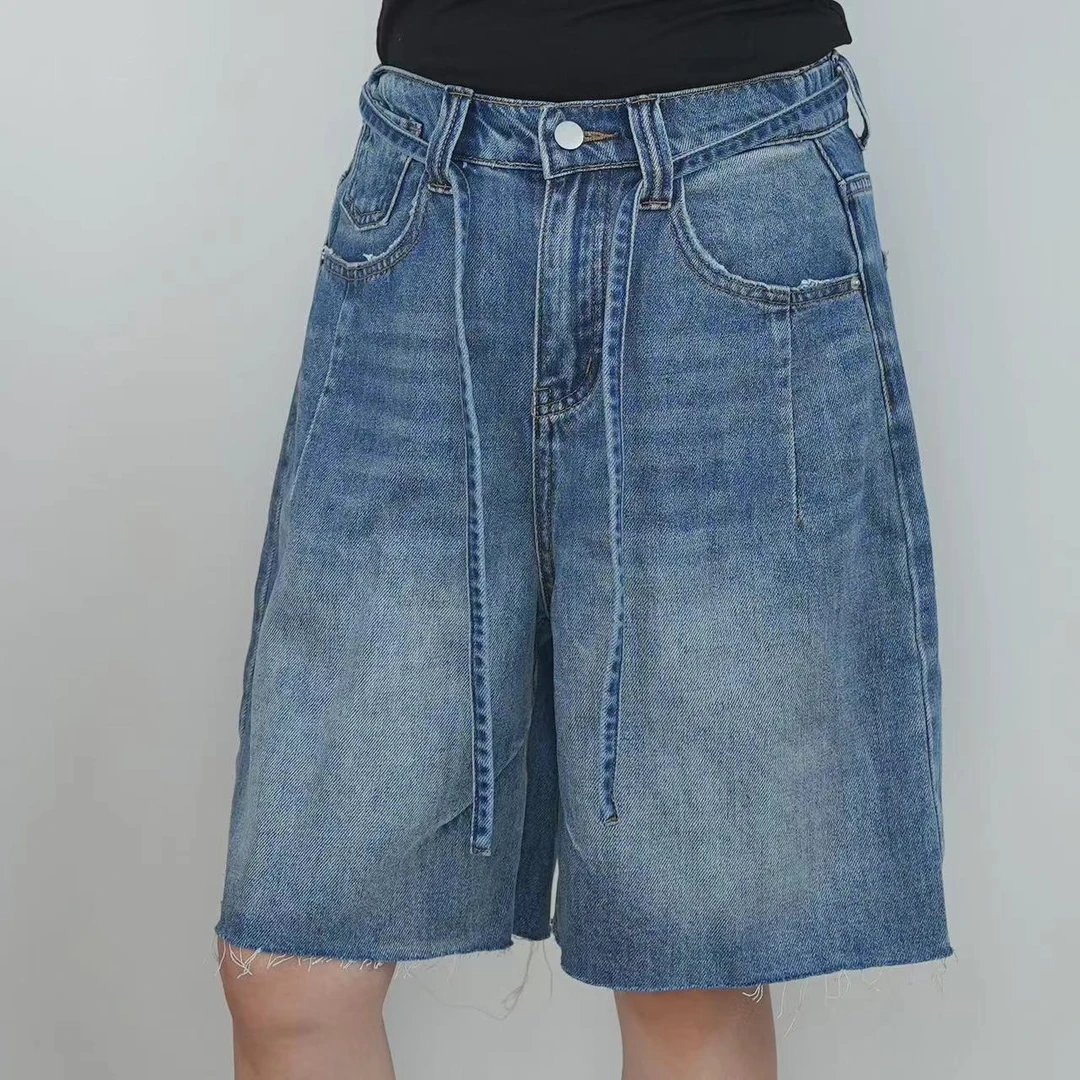 【0944】~复古高腰毛边五分直筒牛仔短裤宽松百搭休闲阔腿中裤潮