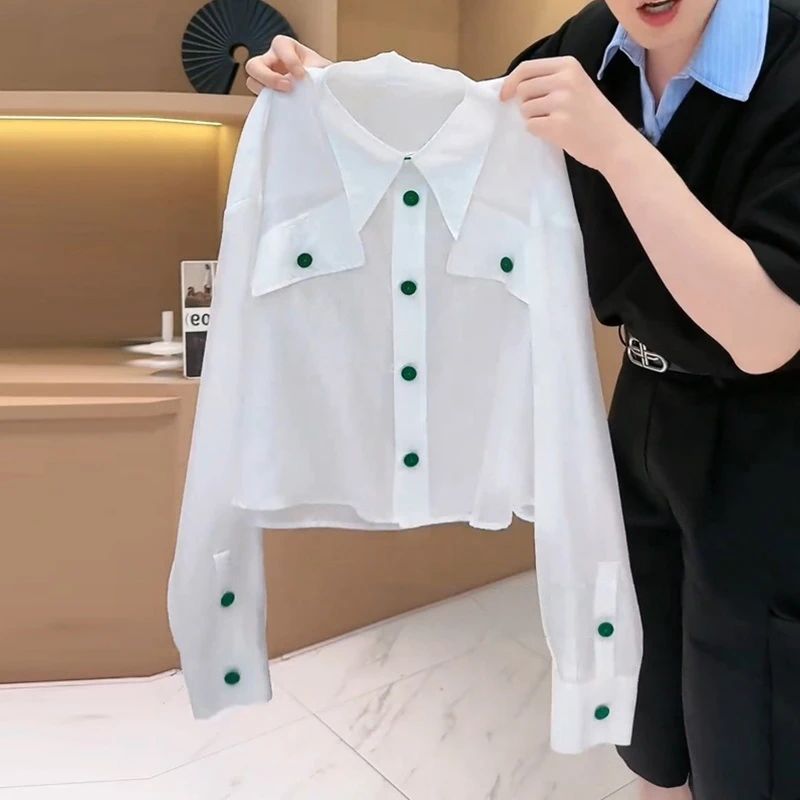 设计感撞色单排扣长袖翻领衬衫女士秋季新款防晒衬衣薄款洋气上衣