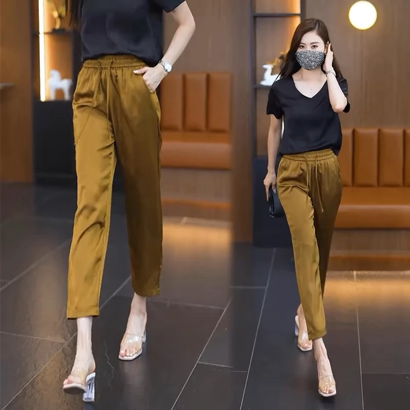 2418小个子九分缎面醋酸带口袋垂感新款冰丝哈伦裤女