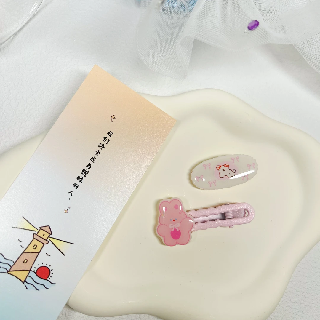 韩版儿童春款亚克力印花格纹领结BB夹女童宝宝花边动物几何 收藏