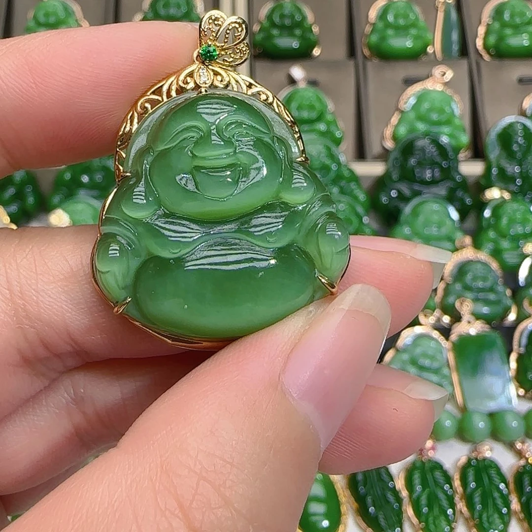 和田玉（碧玉）吊坠(不含链)18K金镶嵌