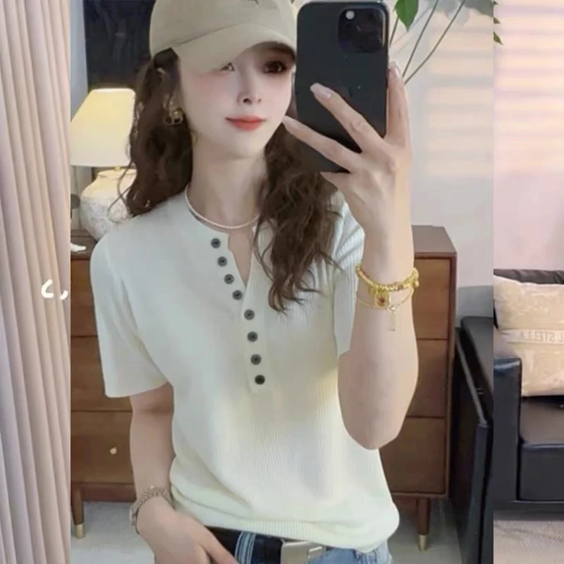 精品/莱赛尔天丝-小V设计/冰薄透凉针织短袖A277白