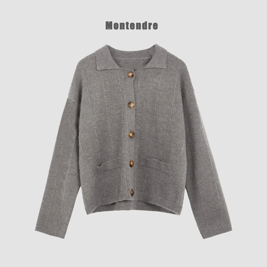 【Montendre】秋冬新款 R 老钱风休闲百搭针织衫复古翻领纯色上衣女