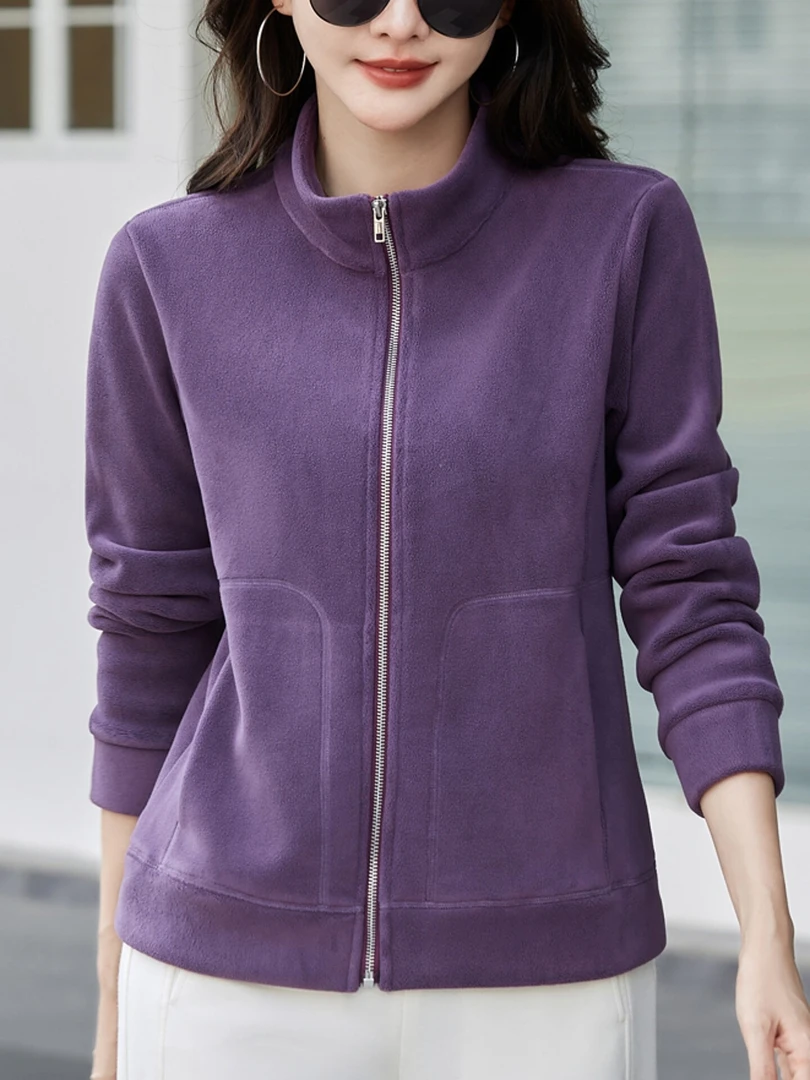 加厚奥粒绒衣紫色外套女秋冬2025拉链卫衣保暖摇粒绒双面绒开衫