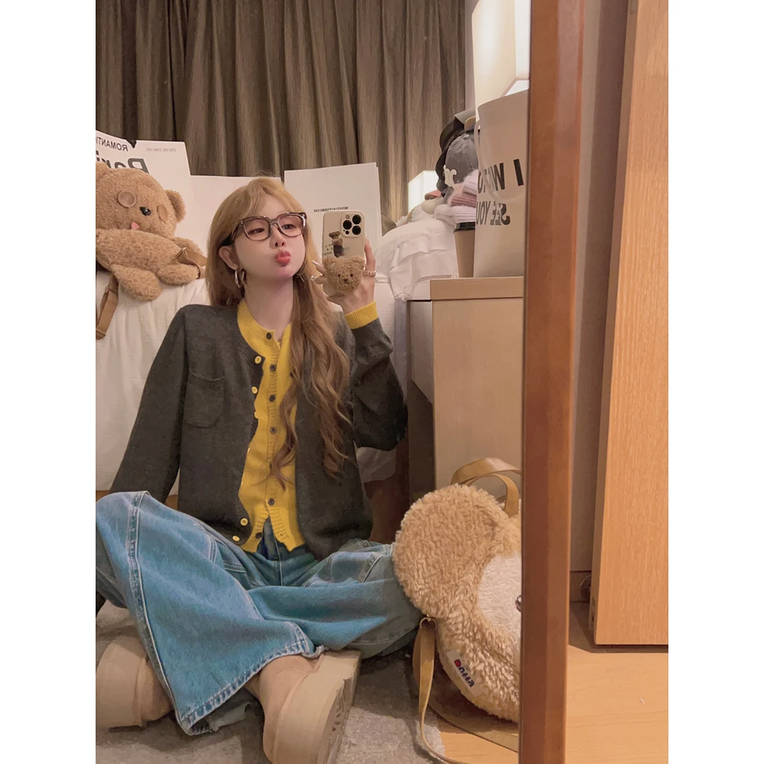 Yukiss直播【du家配色/撞色假两件针织衫毛衣】假两件配色毛衣A4815