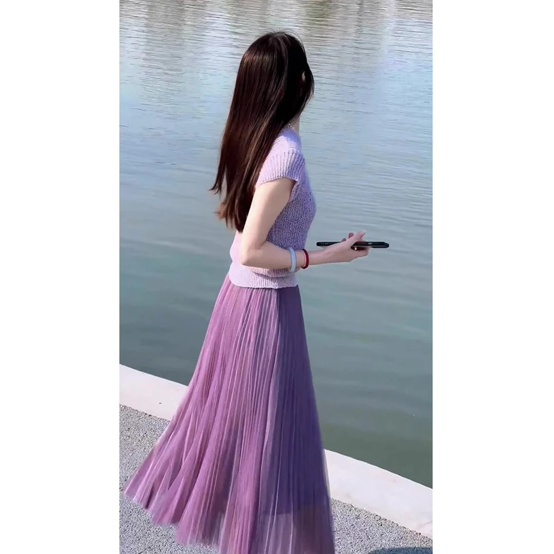 夏装茶系搭配一整套时尚漂亮女装时髦洋气紫色短袖半身裙两件套装