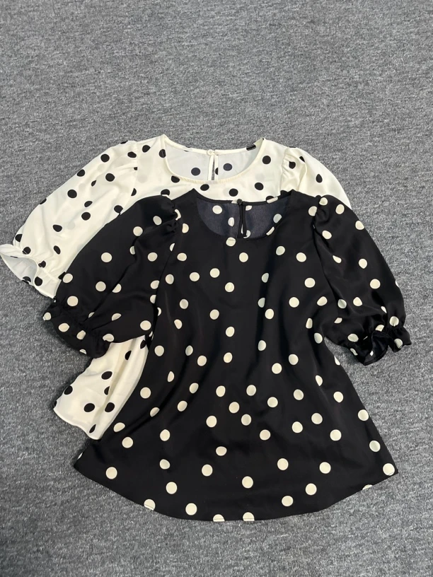 缎面波点灯笼袖衬衫女士圆领休闲短袖衬衣