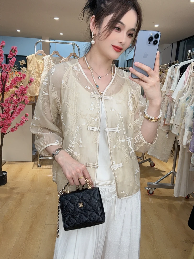 2025新款夏季冰丝防晒新中式轻奢提花薄款小香风外套上衣8538