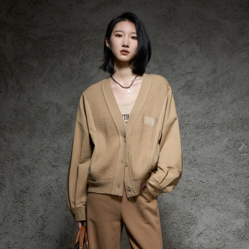 U/TI 设计感针织拼接绵羊毛混纺高级显瘦纯色系宽松短款针织开衫