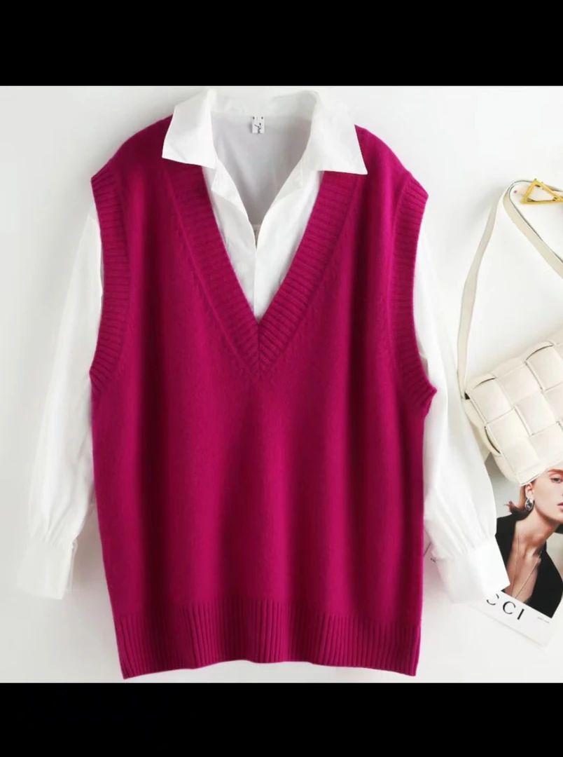樱九歌百分百羊绒女士均码V领马甲潮牌时尚宽松春秋