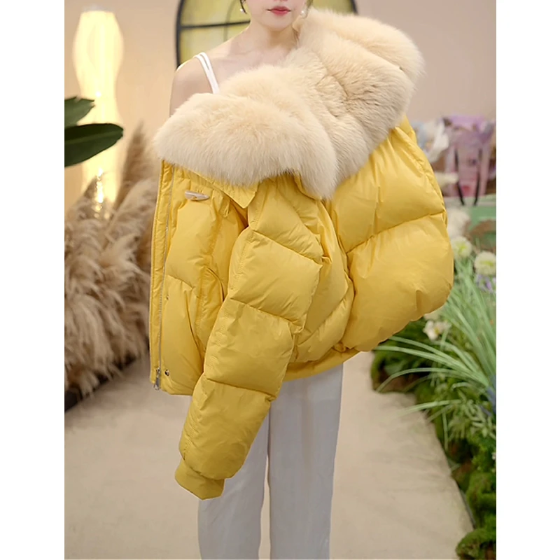 韩版设计感黄色短款毛毛大翻领面包服女冬季新款宽松加厚棉服外套