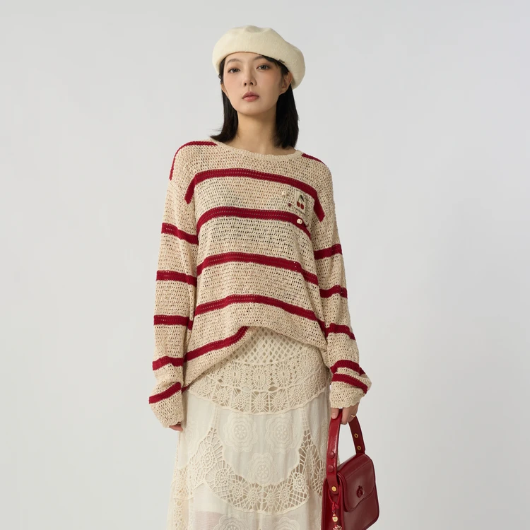 西町村屋宽松条纹针织衫女装2025秋季新款复古圆领小衫XHAC10570
