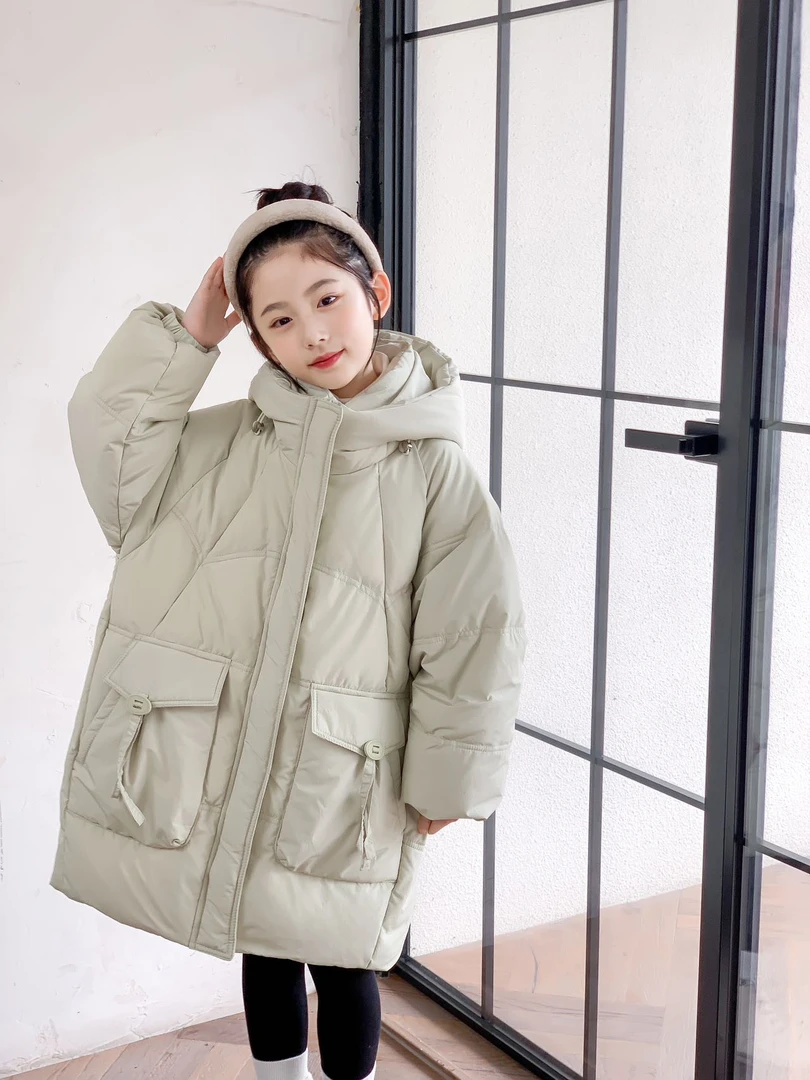 女童冬季棉衣女孩加厚保暖舒适连帽长款白搭绒衣服