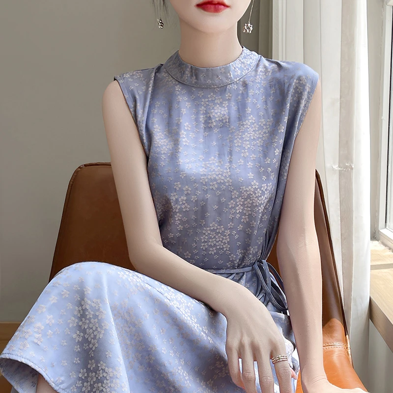 夏季高端轻奢醋酸缎面波点百搭宽松连衣裙女时尚质感半高领裙子