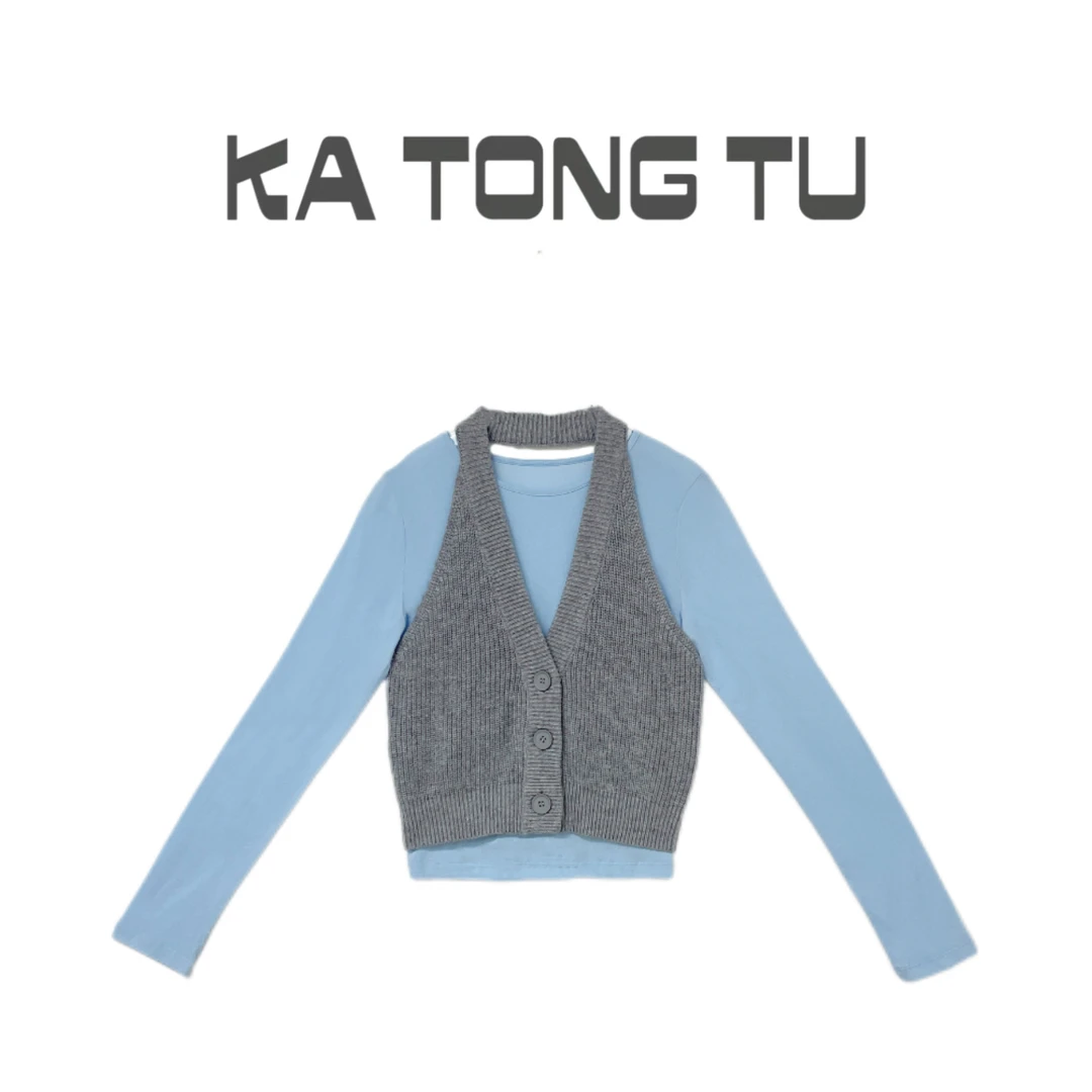 KATONGTU 【甜美】外穿毛织背心长袖圆领打底T恤两件套DM2502056