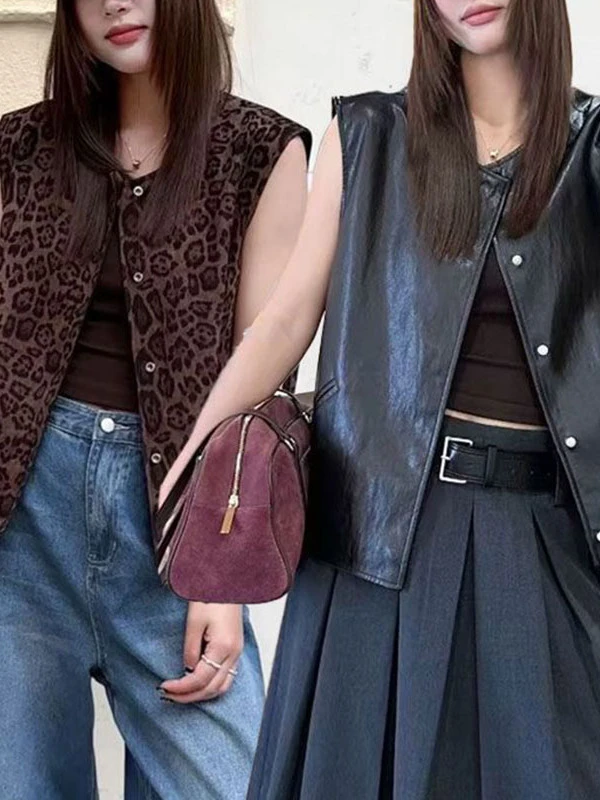 豹纹马甲外套女2025早秋新款韩系休闲百搭两面穿无袖马夹坎肩上衣