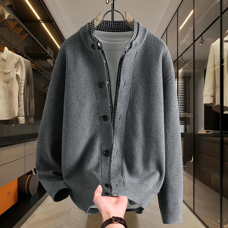 EAEOVNI假两件毛衣针织衫男拼接立领毛衣针织高级开衫外套线衣