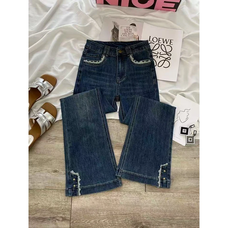 现货现发·蕾丝牛仔裤女秋季新款高腰修身显瘦弹力喇叭裤子女S2598