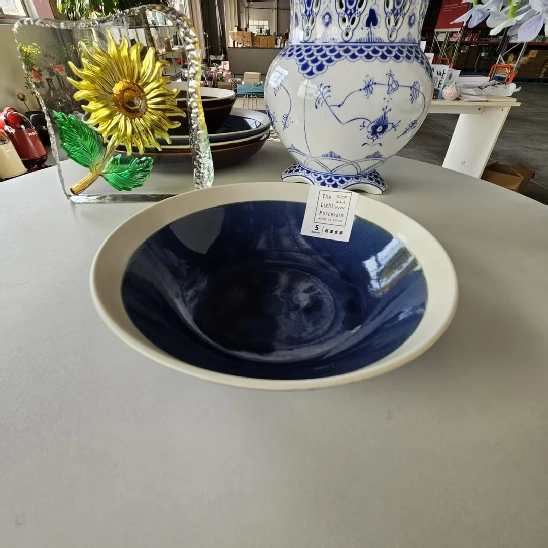 【φ16.3cm×4.8cm】摩瑟DP【6.4寸深碗-蓝底白边】QMDF花瓶摆件