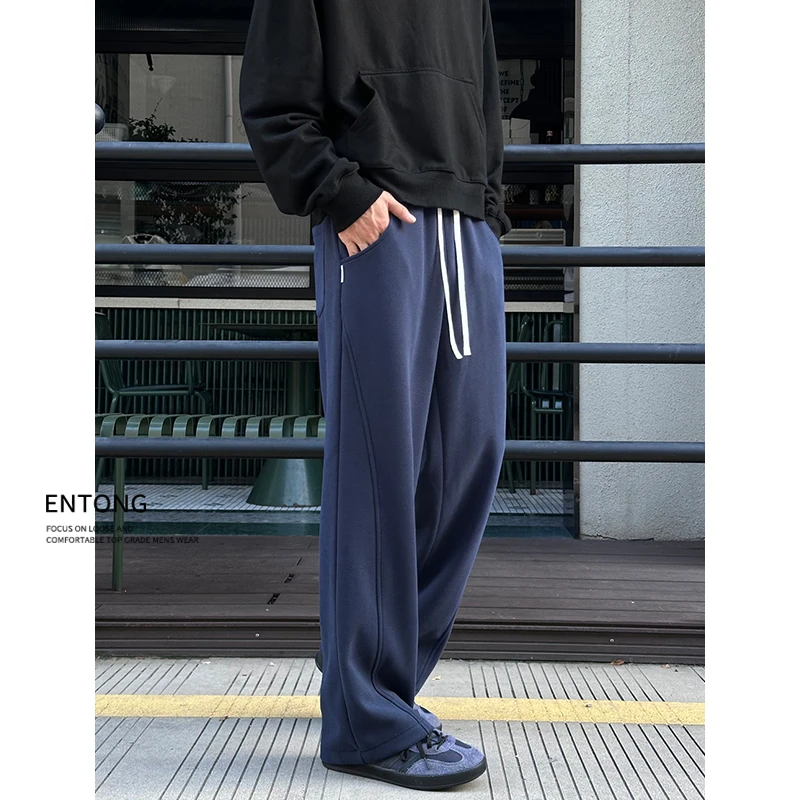 Entong美式潮流斜切针织卫裤男生裤子宽松百搭抽绳运动裤休闲长裤