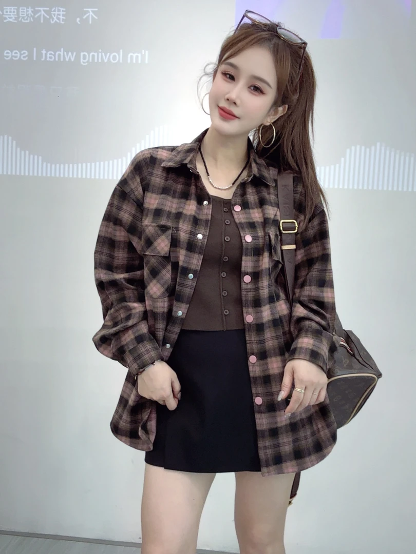 恰逢景梅子自留款衬衫女秋款时尚气质设计感长袖减龄磨毛格子衬衫