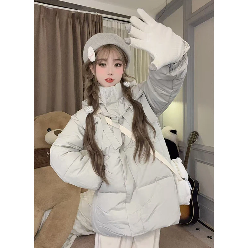 可爱学院风中长款羽绒棉服女冬加厚2025新款蝴蝶结连帽面包服外套