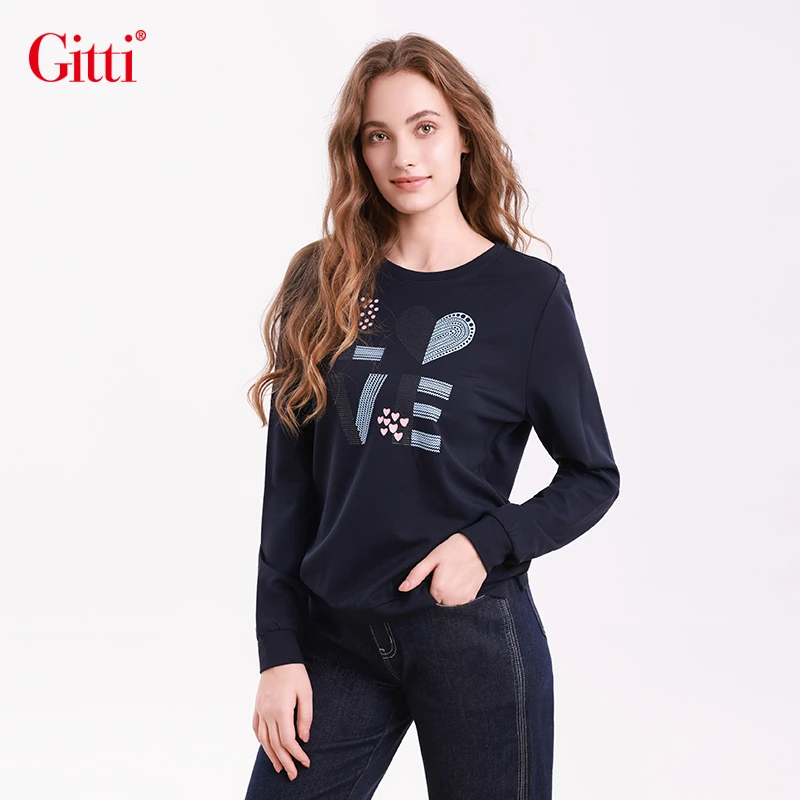 Gitti/吉蒂慵懒舒适印花圆领卫衣女厚款显瘦大码针织上衣G255193