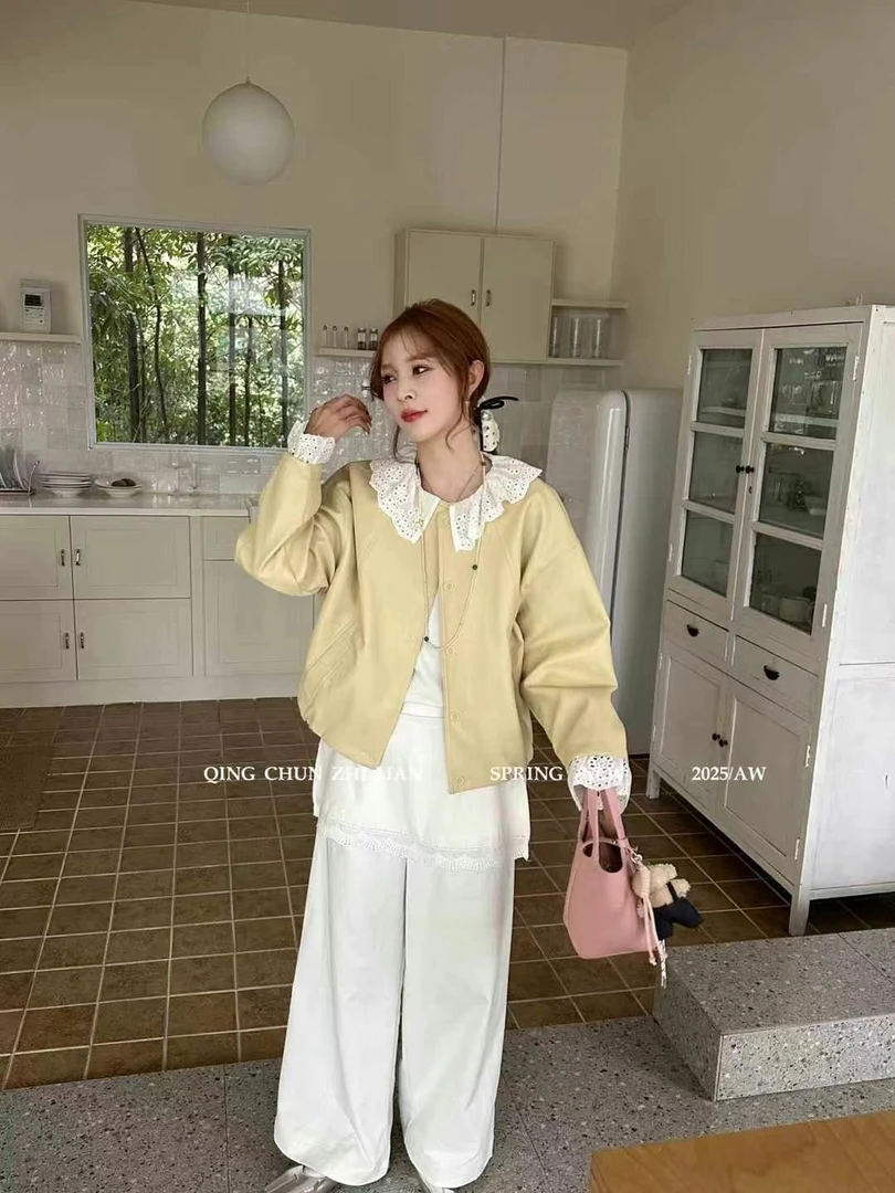 韩系洋气减龄百搭拼接蕾丝娃娃春游云朵领皮衣休闲简约薄款