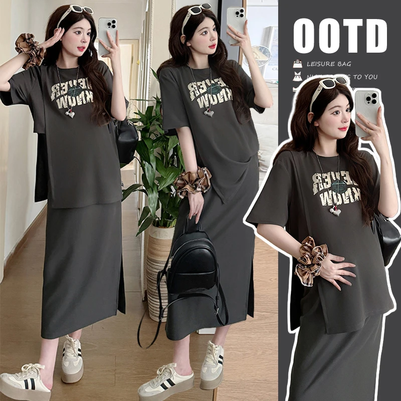 夏季新款孕妇套装时尚韩版休闲印花不规则短袖上衣高腰显瘦半身裙