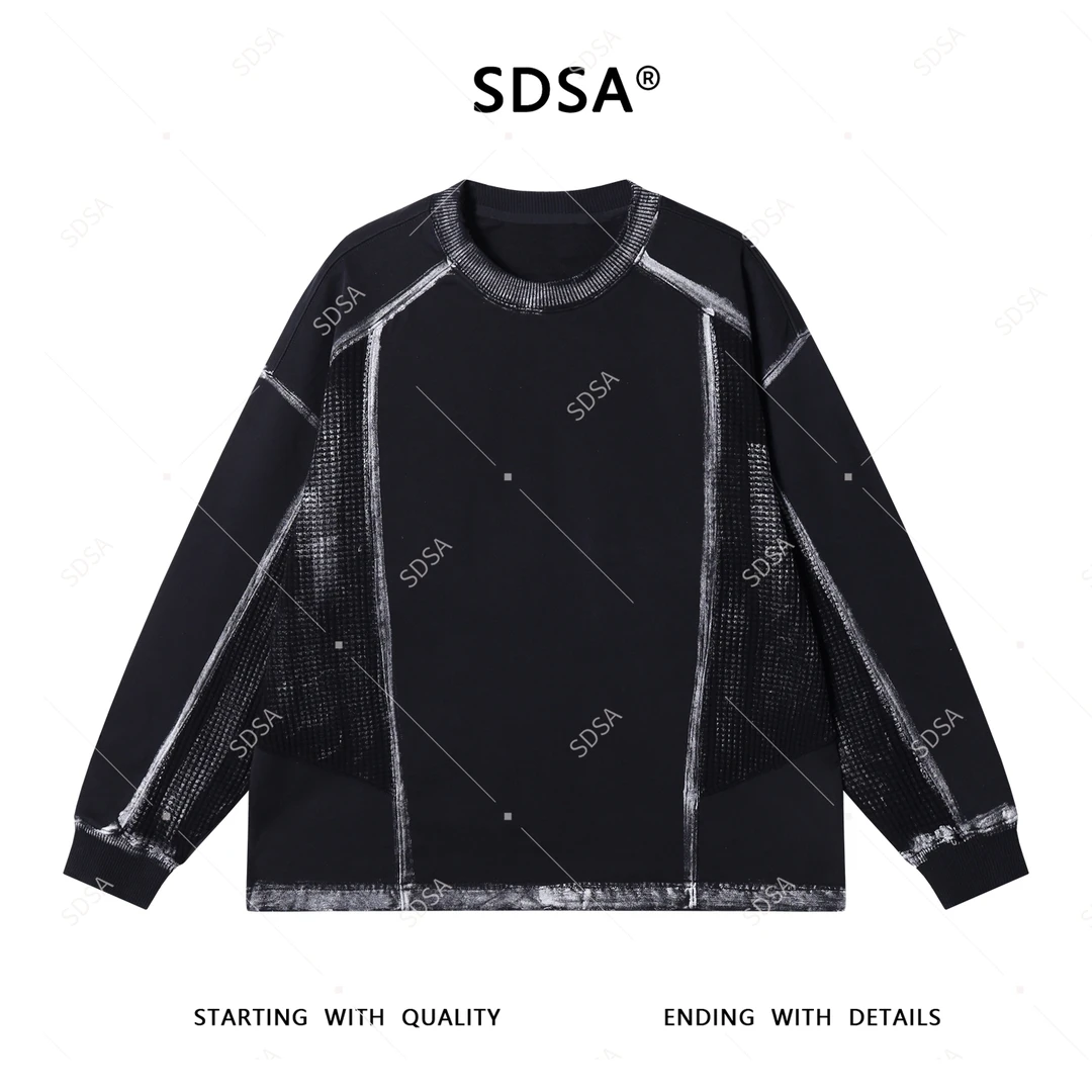 SDSA男士秋冬新款轻奢痞帅男装做旧拼接印花圆领长袖T恤百搭时尚