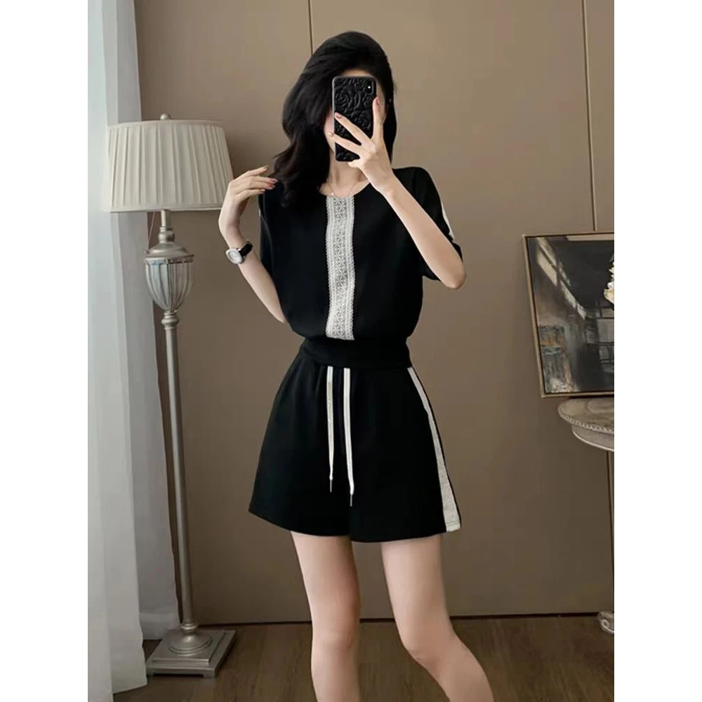 黑色跑步运动套装女夏2025新款时尚减龄洋气短袖短裤休闲两件套