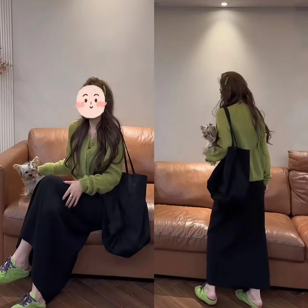 温柔甜美糖果色显瘦开衫毛衣高腰双面穿百搭后开叉中长半身裙套装