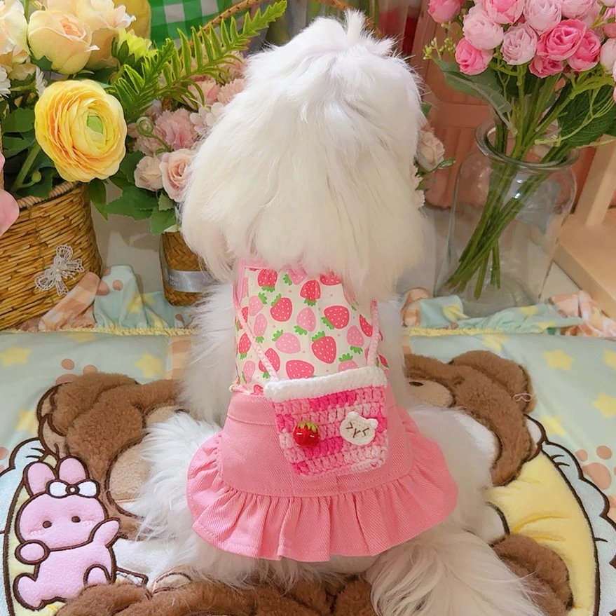 夏季新款宠物服草莓吊带背包连衣裙