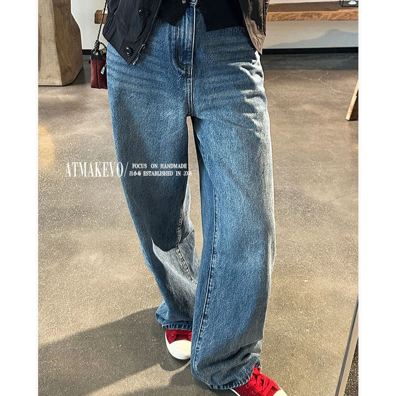 吕小布 | 立体剪裁 100%棉水洗做旧复古直筒阔腿牛仔拖地裤女0582