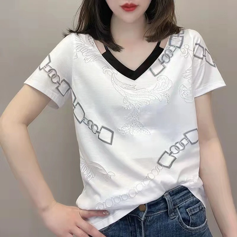 韩版V领洋气百搭休闲白色上衣chic2025夏季新款宽松纯棉短袖t恤女