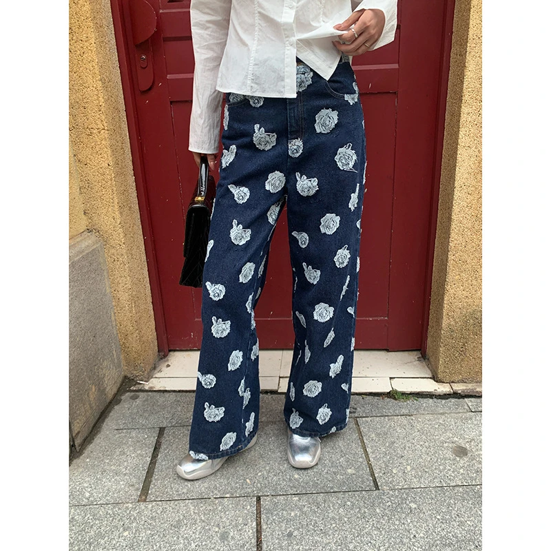 2024秋季复古玫瑰花深蓝高腰直筒阔腿牛仔裤女F1366