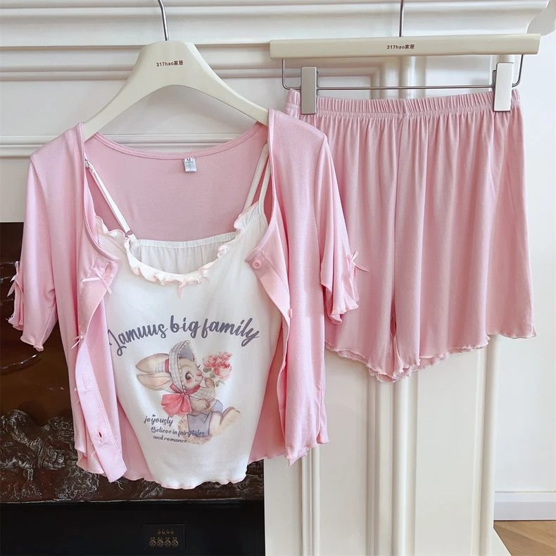 爆款睡衣女冰丝螺纹带胸垫三件套夏季短袖长裤吊带修身开衫家居服