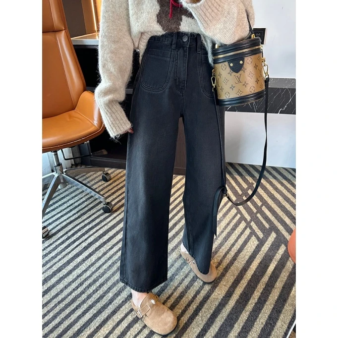 黑灰色前口袋直筒裤女2025秋季新款高腰梨型身材小个子阔腿牛仔裤