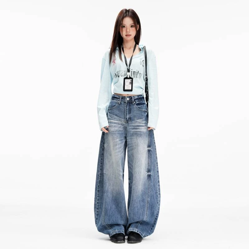 秋冬美式复古水洗弯刀牛仔裤女宽松显瘦修身休闲拖地裤阔腿裤