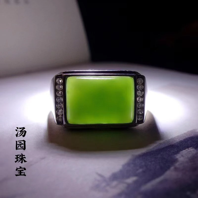 天然和田玉碧玉马鞍戒指S925银镶嵌男士经典时尚银戒可调节男款