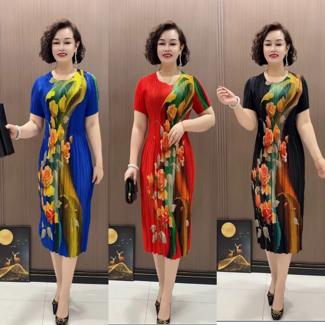 (水仙花款）大码时尚褶皱连衣裙印花设计遮肚显瘦宽松大码女装