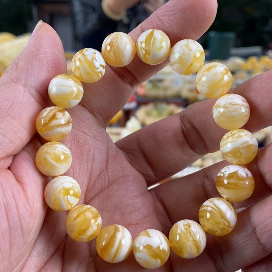 琥珀未镶嵌珠宝奇石12金瓷白溶洞虎皮纹手串17.3