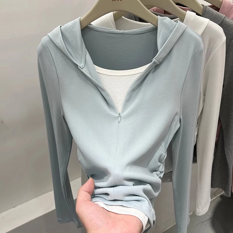 芯娇晴高级感褶皱下摆拼接假两件长袖T恤女2025早春新款小衫上衣