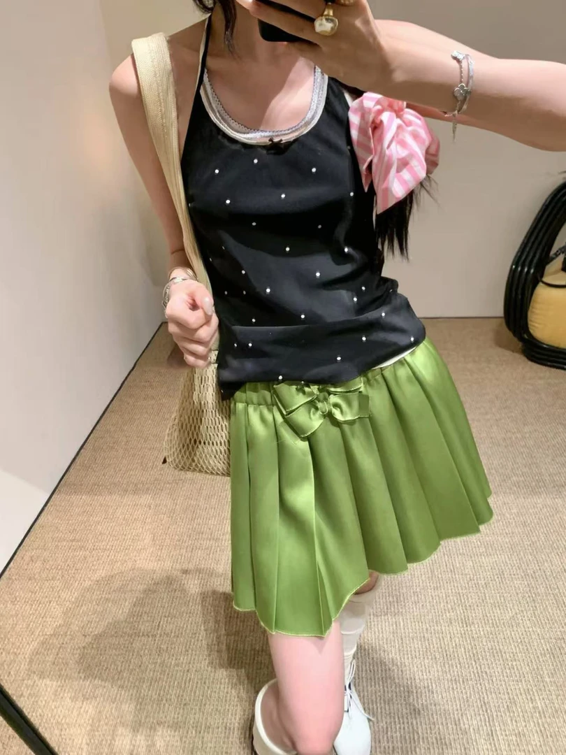 时尚薄荷曼波甜美立体蝴蝶结俏皮可爱绿色缎面a字百褶半身裙