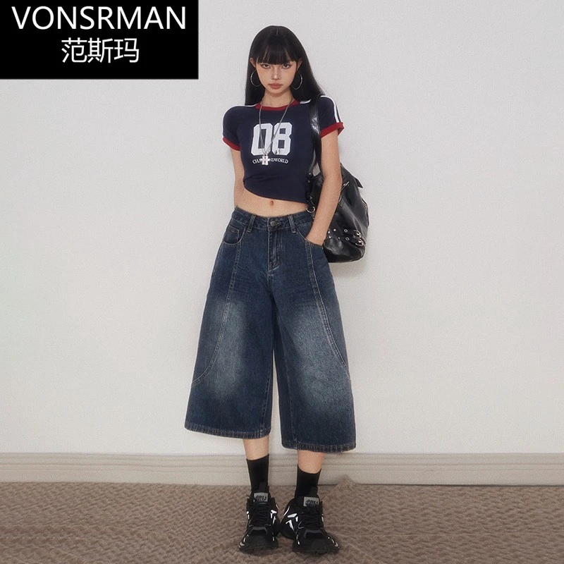 美式复古七分牛仔裤女2025夏季新款宽松显瘦百搭高腰直筒中裤